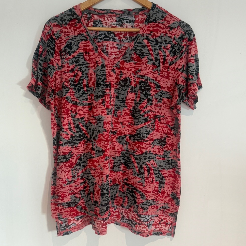 Penningtons Women Black Red V Neck Short Sleeve Hi Low Hem Pullover Top Size XL